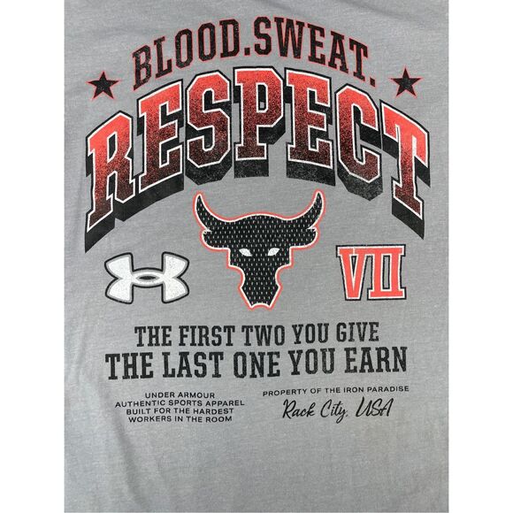 Under Armour Tee Mens XL Gray Project Rock Blood Sweat Respect Workout Shirt - Picture 2 of 6